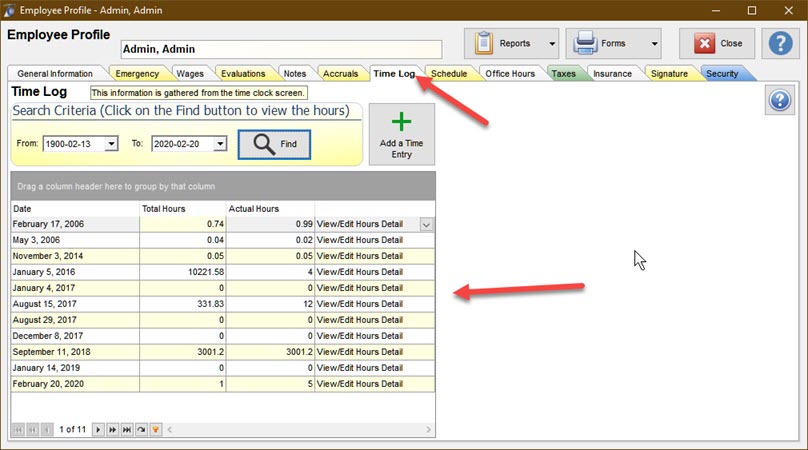 Filopto Employee Profile provides a listing of the hours worked by an employee when the time clock is used