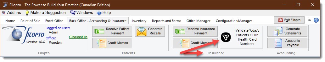 OHIP Insurance card Validation in Filopto Back Office tab